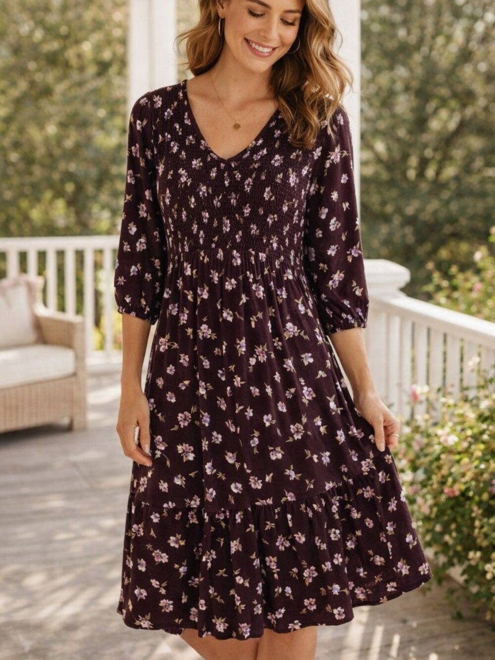 J. Jill Plum Smocked Floral V-Neck Midi Dress